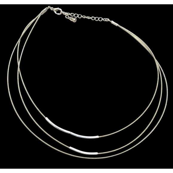 Modern Layered Silver Tone Coil Wire Necklace With Tube Bead Accents - Picture 1 of 6